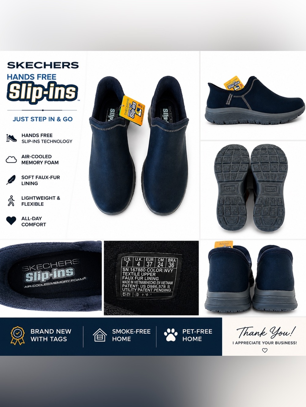 NWT Skechers Hands Free Slip-Ins Navy Memory Foam Shoes Women’s Size 7